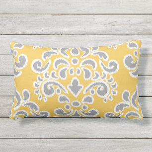 Coussin D'extérieur Damassé florale d'Ikat grise et jaune