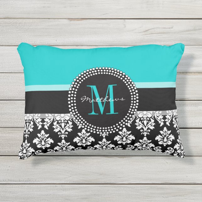 Coussin D'extérieur Damassé noire d'Aqua votre nom de monogramme (Devant)