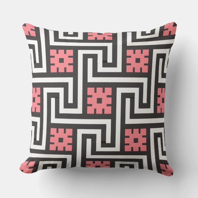 Coussin D'extérieur Déco clé grecque, noir, blanc et corail rose (Recto)