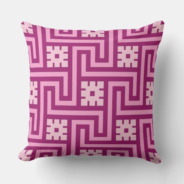 Coussin D'extérieur Déco clé grecque, rose et bordeaux (Recto)