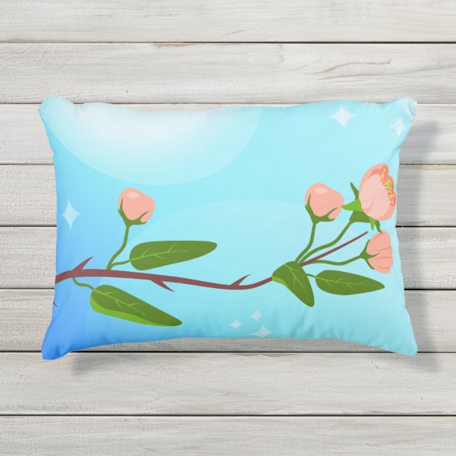 Coussin D'extérieur Dégradé du ciel bleu avec branche de ressort fleur (Devant)