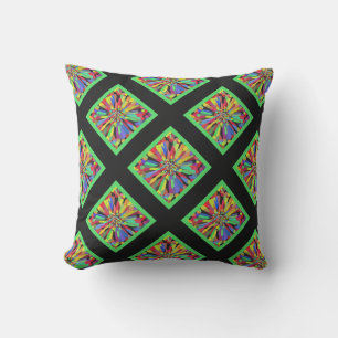 Coussin D'extérieur Fleur de confettis à carreaux noir et vert citron