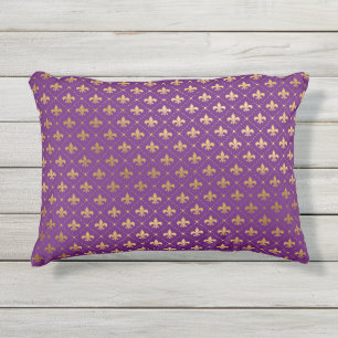 Coussin D'extérieur Fleur De Lis Doré Élégant Mardi Gras Violet