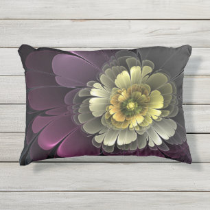 Coussin D'extérieur Fleur fractale grise et pourpre moderne abstraite