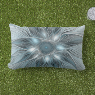 Coussin D'extérieur Fleur Joyeuse Abstrait gris bleu floral Fractal
