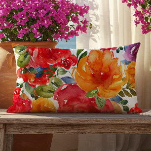 Coussin D'extérieur Fleurs aquarelles estivales audacieuses rouge oran