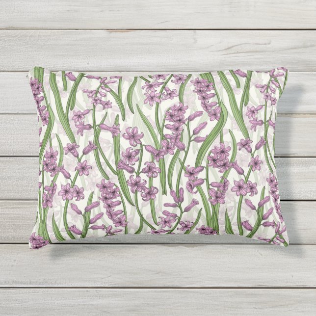 Coussin D'extérieur Fleurs de Hyacinth rose sur blanc naturel (Devant)