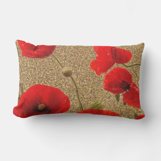 Coussin D'extérieur Fleurs de pavot rouge or pailleté doré rustique (Recto)