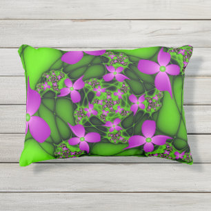 Coussin D'extérieur Fleurs fractales abstraites néon rose vert moderne