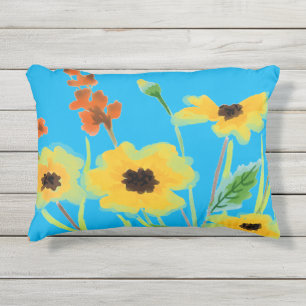 Coussin D'extérieur Fleurs jaunes aquarelles colorées sur turquoise