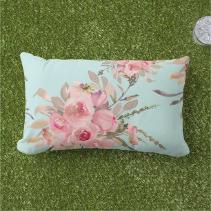 Coussin D'extérieur Fleurs rose saumon sur fond bleu clair
