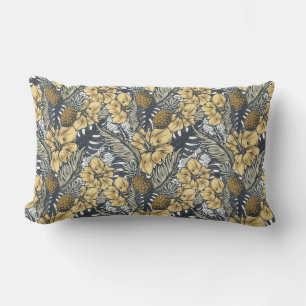Coussin D'extérieur Fleurs tropicales noires et or élégantes de luxe