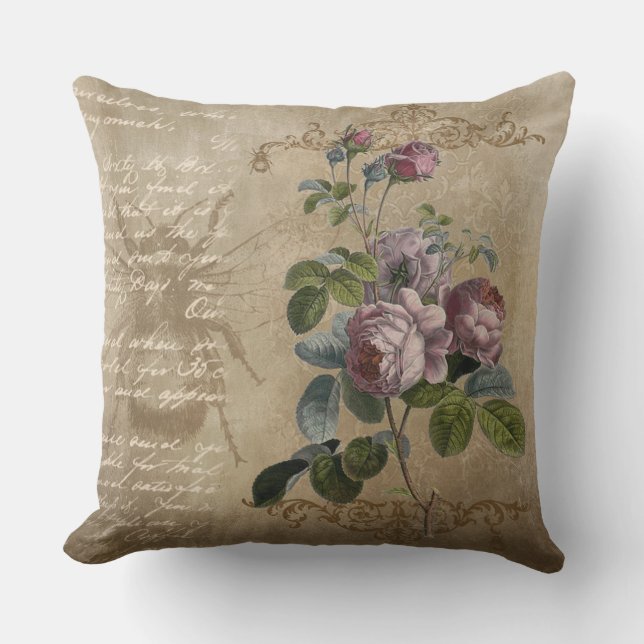 Coussin D'extérieur Fleurs vintages et écriture manuscrite (Recto)