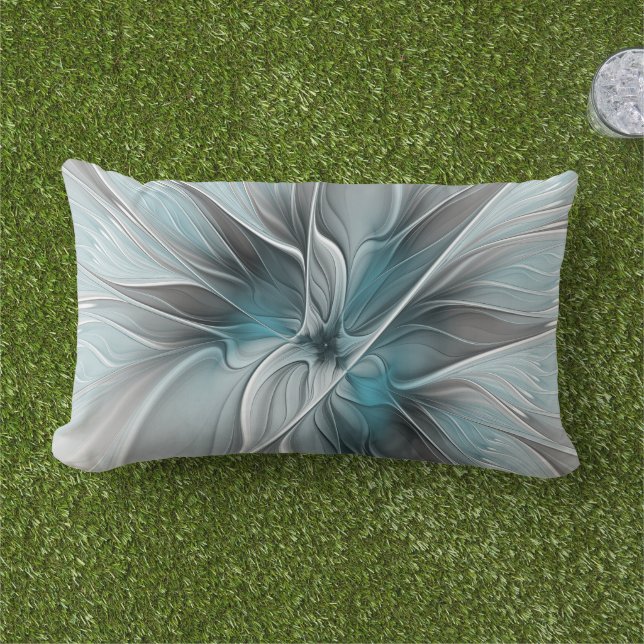 Coussin D'extérieur Floral Fractal Moderne Fleur Abstrait gris bleu (Herbe)