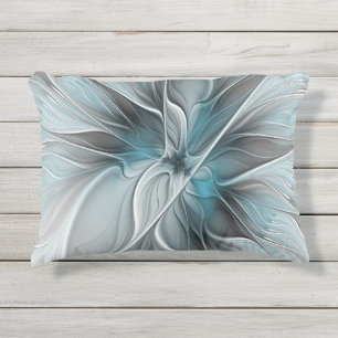 Coussin D'extérieur Floral Fractal Moderne Fleur Abstrait gris bleu