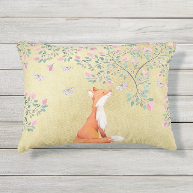 Coussin D'extérieur Fox avec des papillons et des fleurs roses (Devant)