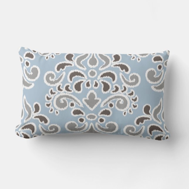Coussin D'extérieur Gris floral de brun bleu de damassé d'Ikat (Recto)