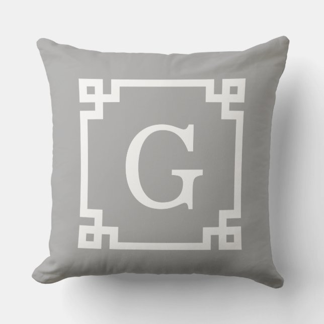 Coussin D'extérieur Gris foncé blanc cadre clé grecque #2 Monogramme i (Recto)