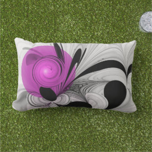 Coussin D'extérieur Gris Noir Abstrait Avec Art Fractal Magenta