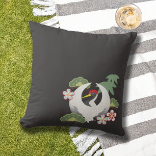 Coussin D'extérieur Grue blanche Japonais Symboles chanceux Noir