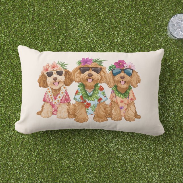 Coussin D'extérieur Hawaiian Goldendoodle Dogs Flower Lei (Herbe)