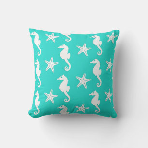 Coussin D'extérieur Hippocampe et étoile de mer - Turquoise et blanc
