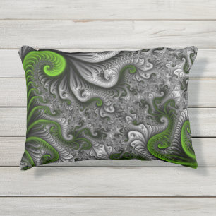Coussin D'extérieur Imaginaire Monde Vert Et Gris Art Fractal Abstrait