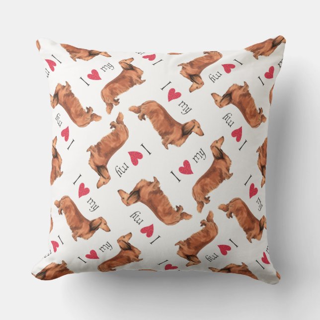 Coussin D'extérieur J'aime mon Dachshund aux cheveux longs (Recto)
