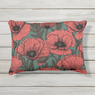 Coussin D'extérieur Jardin de coquelicot dans le corail, brun et vert