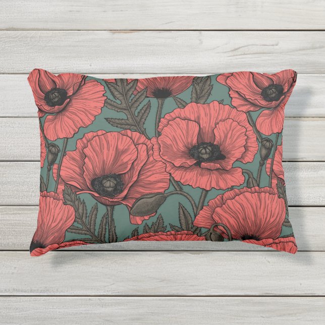 Coussin D'extérieur Jardin de coquelicot dans le corail, brun et vert  (Devant)