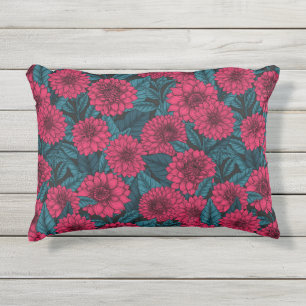 Coussin D'extérieur Jardin de Dahlia Rouge/feuilles bleus