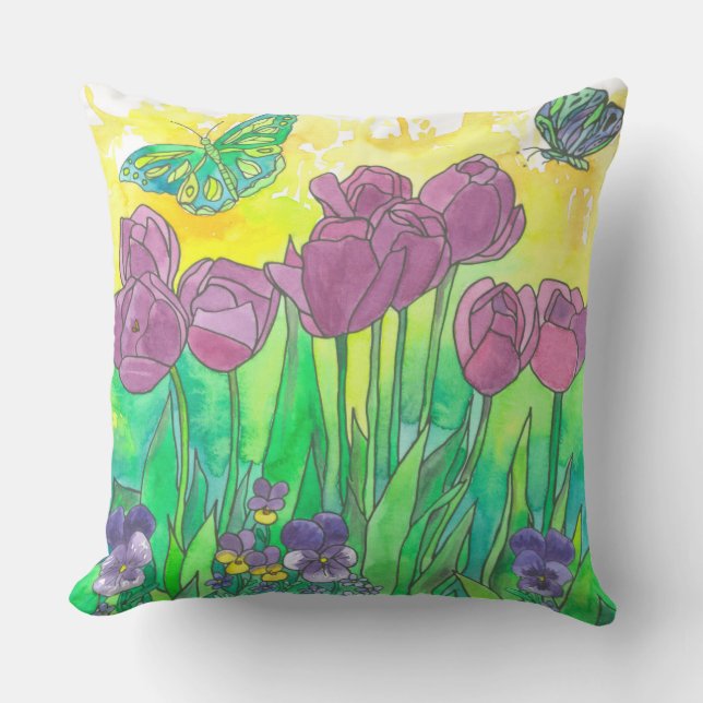 Coussin D'extérieur Jardin de fleurs pourpre de Tulipe Panseuse (Recto)