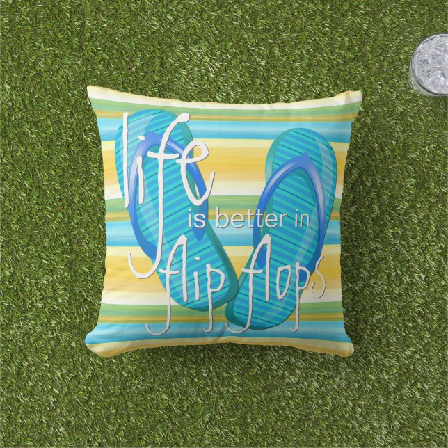 Coussin D'extérieur La Vie Est Meilleure Dans Flipflops Stripes Motif (Herbe)