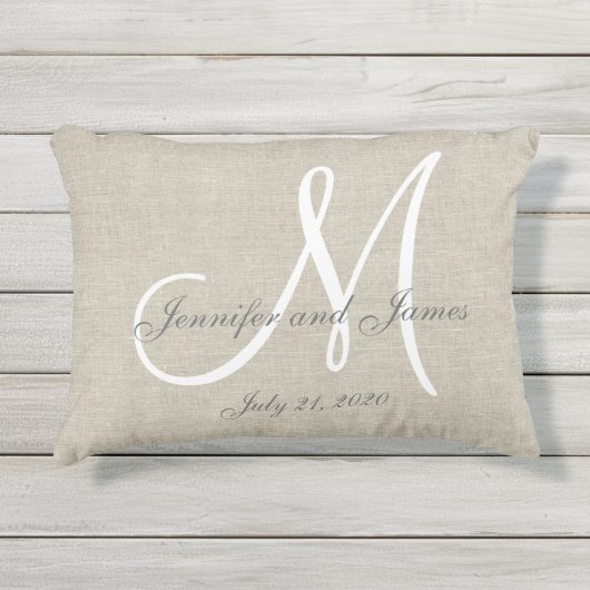 Coussin D'extérieur Linge beige Gris Blanc Monogramme Mariage Keepsaké (Devant)