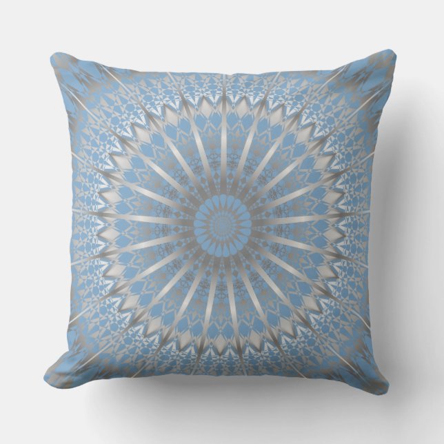 Coussin D'extérieur Mandala géométrique moderne bleu argenté (Recto)