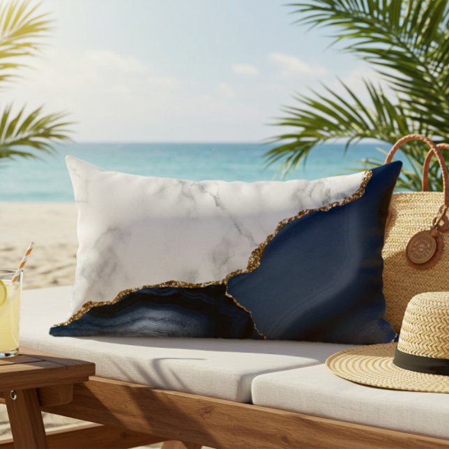 Coussin D'extérieur Marbre blanc Agate Navy Blue dorée (Créateur téléchargé)
