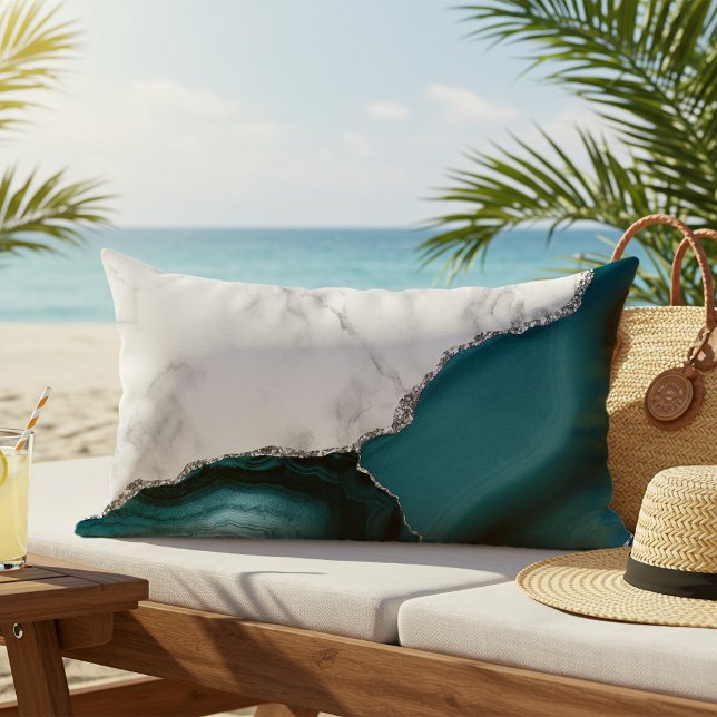 Coussin D'extérieur Marbre blanc Turquoise Agate Argent extérieur (Créateur téléchargé)