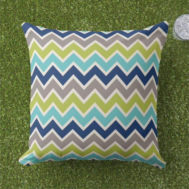 Coussin D'extérieur Marine moderne bleu vert et gris Chevron (Herbe)