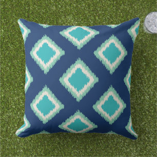 Coussin D'extérieur Marine moderne et Aqua Blue Diamond Ikat Motif
