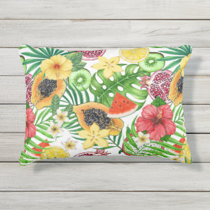 Coussin D'extérieur Mix-fruit tropical, fleurs et feuilles sur blanc