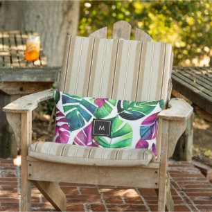 Coussin D'extérieur Moderne aquarelle tropicale feuille monogrammé