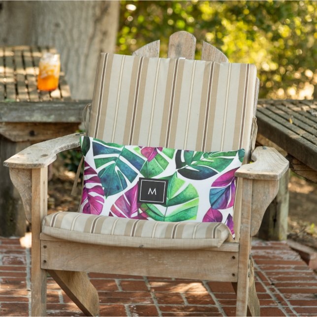 Coussin D'extérieur Moderne aquarelle tropicale feuille monogrammé (Chaise)