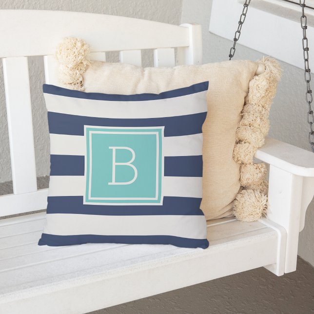 Coussin D'extérieur Monogramme à rayures Aqua et Navy (Créateur téléchargé)