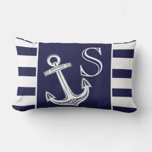 Coussin D'extérieur Monogramme Ancre marine Bleu Bleu Bandes blanches