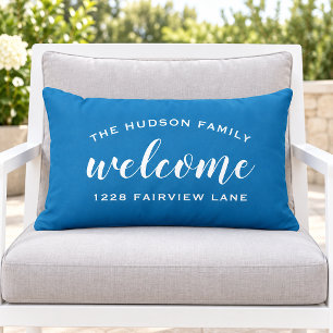 Coussin D'extérieur Monogramme de bienvenue sur véranda en bleu