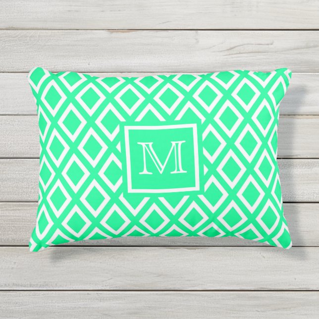 Coussin D'extérieur monogramme de motif blanc vert menthe (Devant)