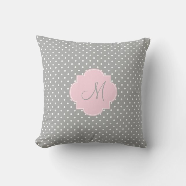 Coussin D'extérieur Monogramme Gris, Blanc et Pastel Pink Polka Dot (Recto)