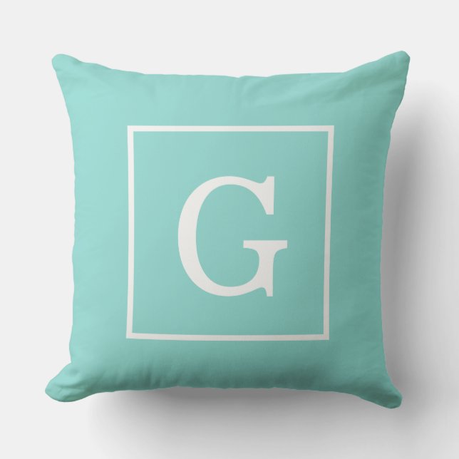 Coussin D'extérieur Monogramme Initial Cadre Blanc Turquoise Aqua (Recto)
