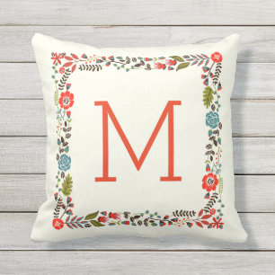Coussin D'extérieur Monogramme jolie bordure florale printanière turqu