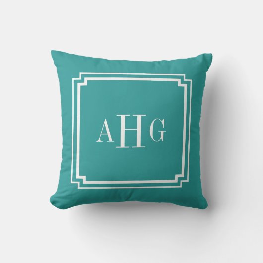 Coussin D'extérieur Monogramme personnalisé turquoise et blanc (Recto)